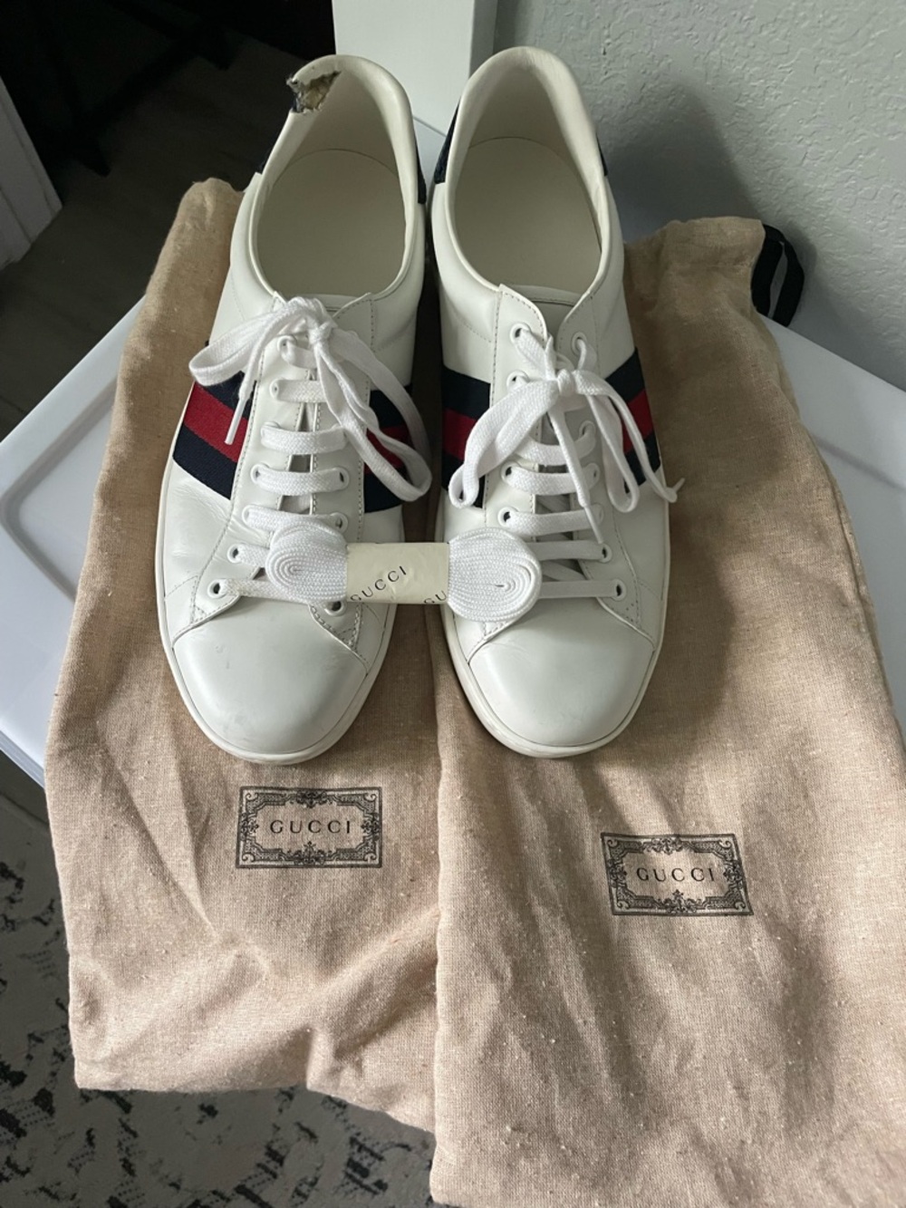 Gucci White Leather Sneakers with Red & Navy Web Stripe